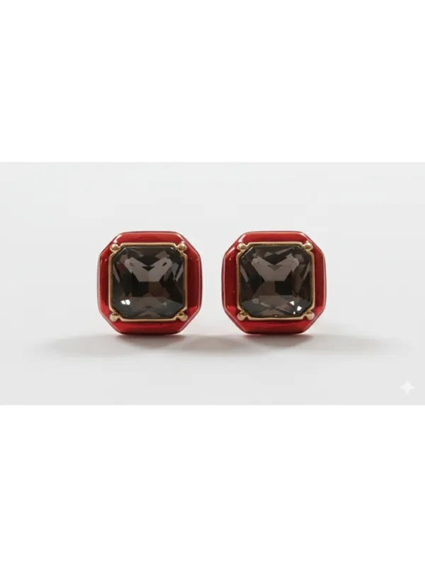 CRUSSTIQUE_GOLD_Emerald_Cut_Crystal_Stud_Earrings,_Red_and_Smoky_Grey_Stone,_Rectangular_Statement_Jewelry_(Red)