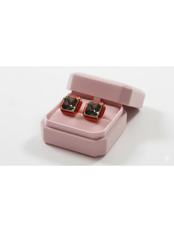 CRUSSTIQUE_GOLD_Emerald_Cut_Crystal_Stud_Earrings,_Red_and_Smoky_Grey_Stone,_Rectangular_Statement_Jewelry_(Red)