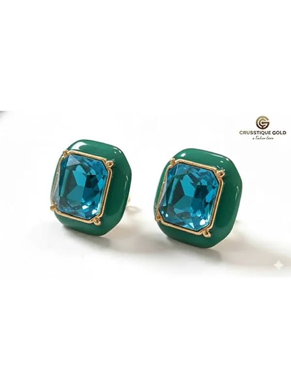 CRUSSTIQUE_GOLD�_Emerald_Cut_Crystal_Stud_Earrings,_Teal_Green_Stone,_Rectangular_Statement_Jewelry_(Square_Teal_Green)