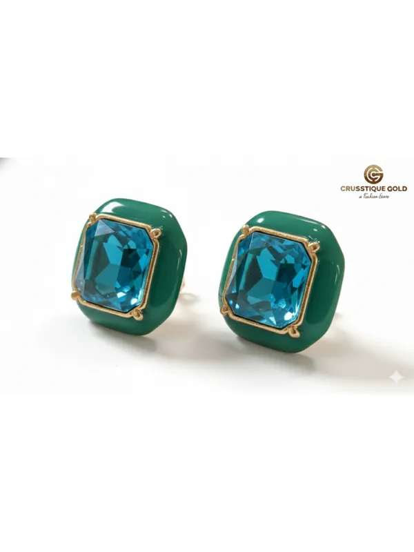 CRUSSTIQUE_GOLD_Emerald_Cut_Crystal_Stud_Earrings,_Red_and_Smoky_Grey_Stone,_Rectangular_Statement_Jewelry_(Sqaure_Teal_Green)