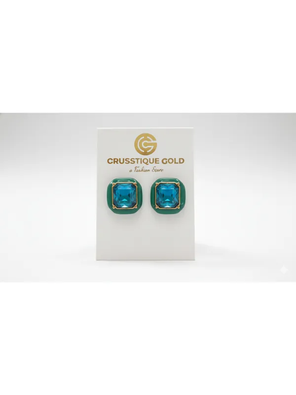 CRUSSTIQUE_GOLD_Emerald_Cut_Crystal_Stud_Earrings,_Red_and_Smoky_Grey_Stone,_Rectangular_Statement_Jewelry_(Sqaure_Teal_Green)