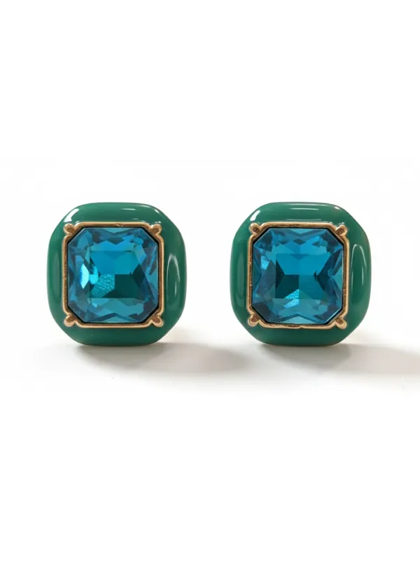 CRUSSTIQUE_GOLD_Emerald_Cut_Crystal_Stud_Earrings,_Red_and_Smoky_Grey_Stone,_Rectangular_Statement_Jewelry_(Sqaure_Teal_Green)