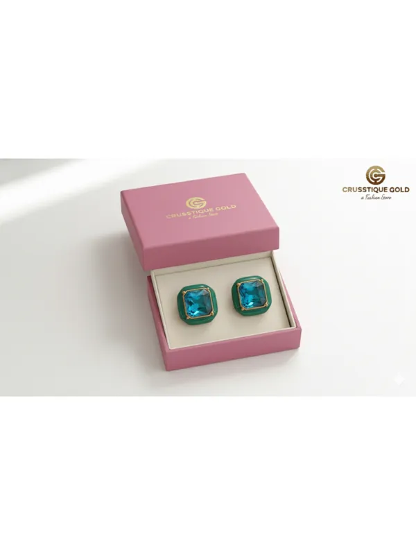 CRUSSTIQUE_GOLD_Emerald_Cut_Crystal_Stud_Earrings,_Red_and_Smoky_Grey_Stone,_Rectangular_Statement_Jewelry_(Sqaure_Teal_Green)