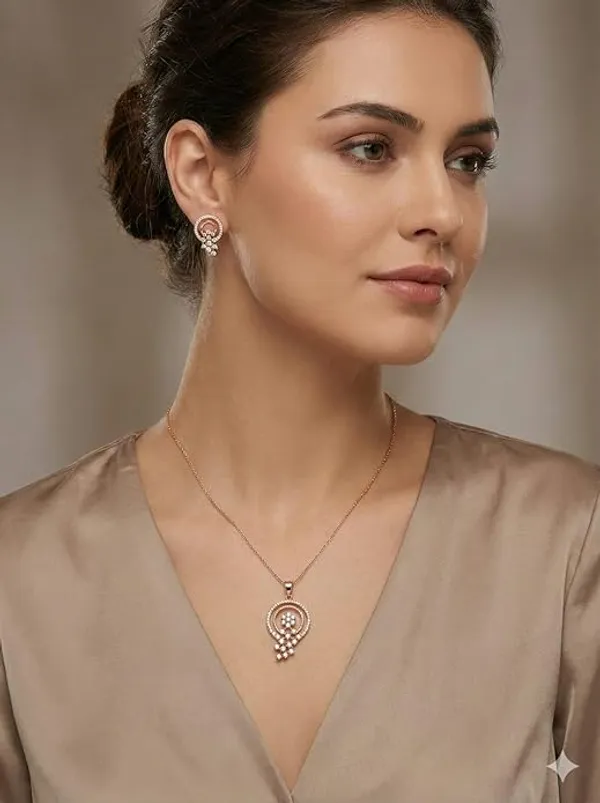 CRUSSTIQUE_GOLD�_Rose_Gold_Sunflower_Pendant_Necklace_and_Earrings_Set,_Crystal_Studded_Jewelry_Set_(Style_1)