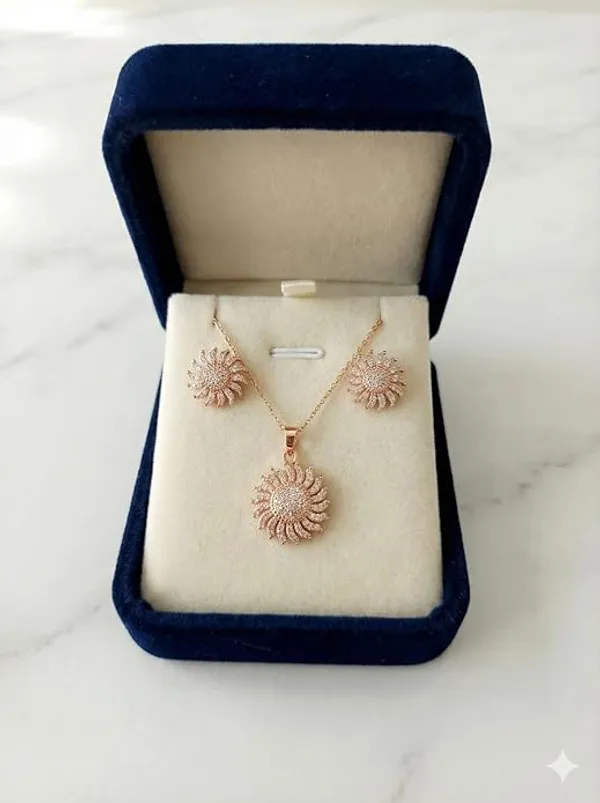CRUSSTIQUE_GOLD�_Rose_Gold_Sunflower_Pendant_Necklace_and_Earrings_Set,_Crystal_Studded_Jewelry_Set_(Style_2)