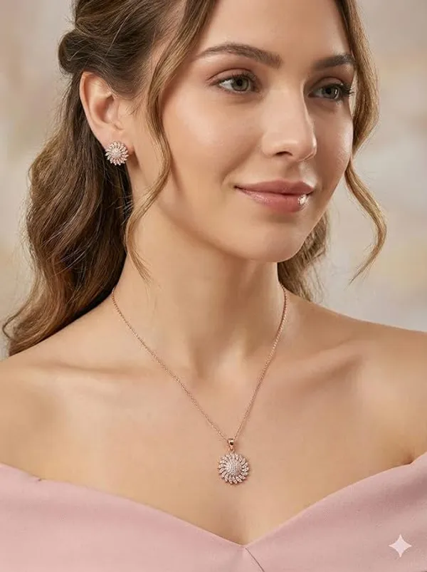 CRUSSTIQUE_GOLD�_Rose_Gold_Sunflower_Pendant_Necklace_and_Earrings_Set,_Crystal_Studded_Jewelry_Set_(Style_2)