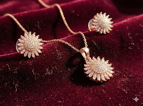 CRUSSTIQUE_GOLD�_Rose_Gold_Sunflower_Pendant_Necklace_and_Earrings_Set,_Crystal_Studded_Jewelry_Set_(Style_2)