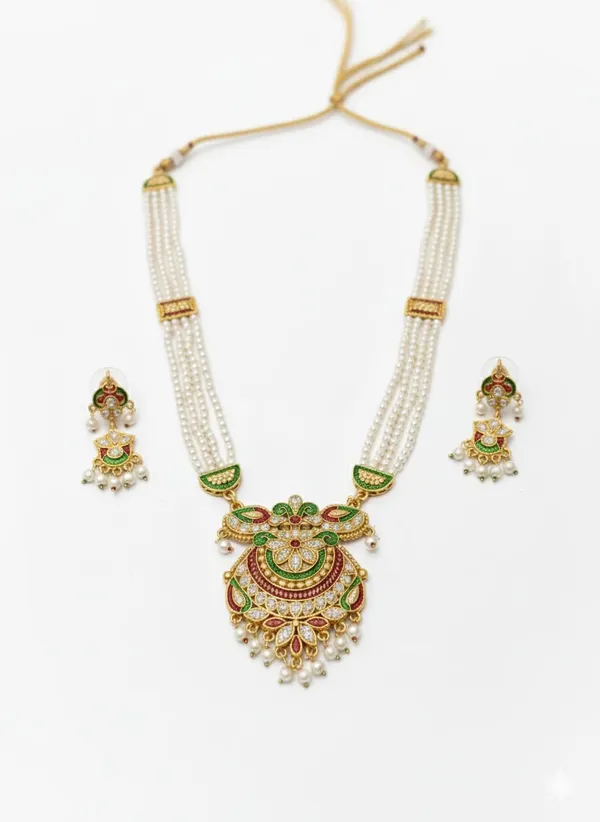 TRADITIONAL_GOLD_-PLATED_MEENAKARI_&PEARL_NECKLACE_SET_WITH_MATCHING_EARRINGS