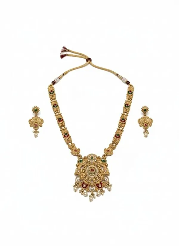 CRUSSTIQUE_GOLD_Traditional_Jewellery_Set_for_Women_with_Green_and_Red_Stones,_Pearl_Drops,_Long_Necklace_and_Matching_Earrings_for_Bridal_and_Festive_Occasions