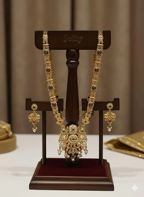 CRUSSTIQUE_GOLD_Traditional_Jewellery_Set_for_Women_with_Green_and_Red_Stones,_Pearl_Drops,_Long_Necklace_and_Matching_Earrings_for_Bridal_and_Festive_Occasions