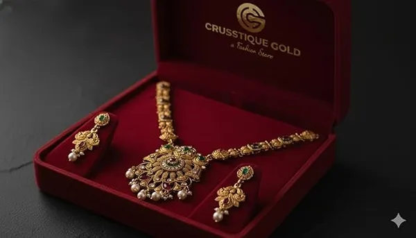 CRUSSTIQUE_GOLD_Traditional_Jewellery_Set_for_Women_with_Green_and_Red_Stones,_Pearl_Drops,_Long_Necklace_and_Matching_Earrings_for_Bridal_and_Festive_Occasions