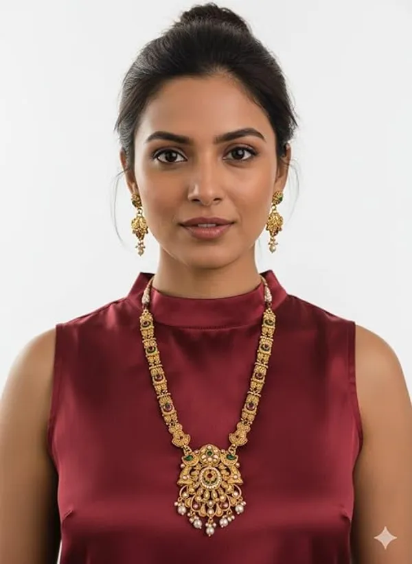 CRUSSTIQUE_GOLD_Traditional_Jewellery_Set_for_Women_with_Green_and_Red_Stones,_Pearl_Drops,_Long_Necklace_and_Matching_Earrings_for_Bridal_and_Festive_Occasions