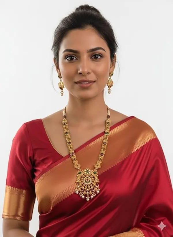 CRUSSTIQUE_GOLD_Traditional_Jewellery_Set_for_Women_with_Green_and_Red_Stones,_Pearl_Drops,_Long_Necklace_and_Matching_Earrings_for_Bridal_and_Festive_Occasions