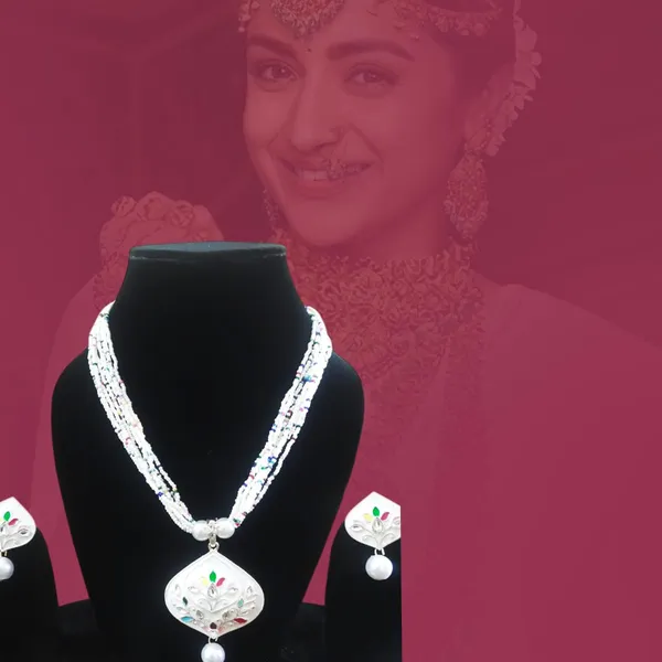 Multicolour_Artificial_Jewellery_Set_With_White_Beads_And_Pearl_Drop_Pendant_|_Elegant_Necklace_And_Earrings_For_Women,_Wedding