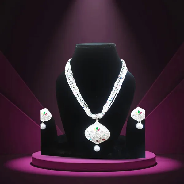 Multicolour_Artificial_Jewellery_Set_With_White_Beads_And_Pearl_Drop_Pendant_|_Elegant_Necklace_And_Earrings_For_Women,_Wedding