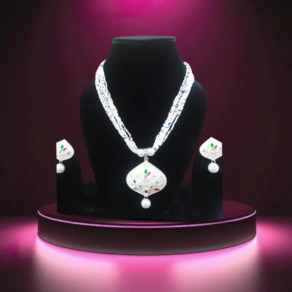 Multicolour_Artificial_Jewellery_Set_With_White_Beads_And_Pearl_Drop_Pendant_|_Elegant_Necklace_And_Earrings_For_Women,_Wedding