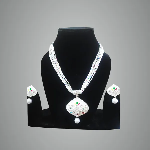 Multicolour_Artificial_Jewellery_Set_With_White_Beads_And_Pearl_Drop_Pendant_|_Elegant_Necklace_And_Earrings_For_Women,_Wedding