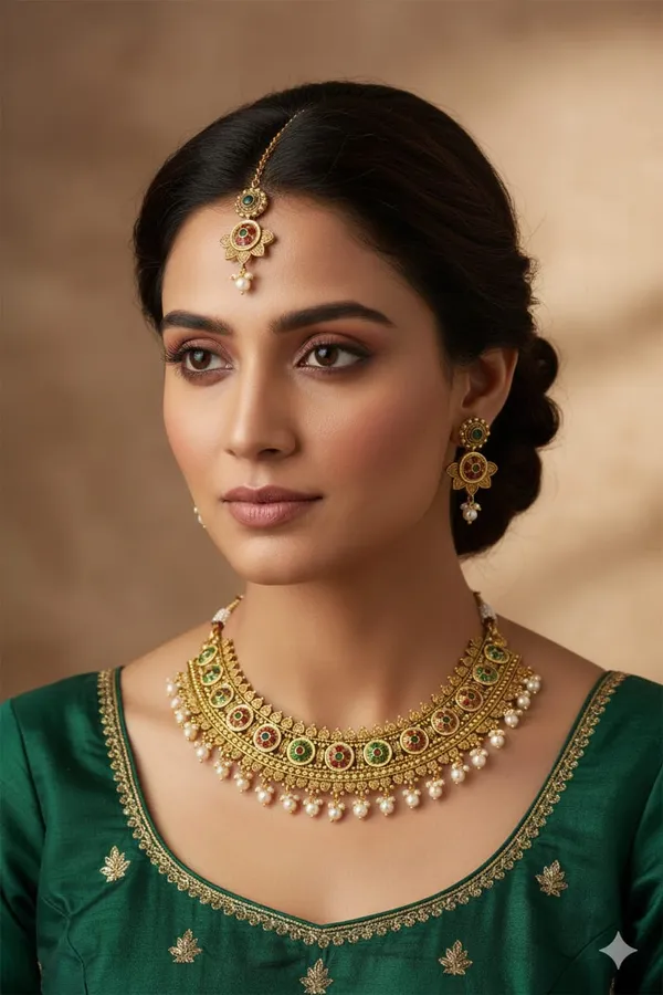 CRUSSTIQUE_GOLD_Traditional_Choker_Necklace_Set_with_Pearl_Drops,_Red_and_Green_Stone_Embellishments,_Antique_Finish_Bridal_Jewellery_Set_with_Matching_Earrings_and_Maang_Tikka_for_Women