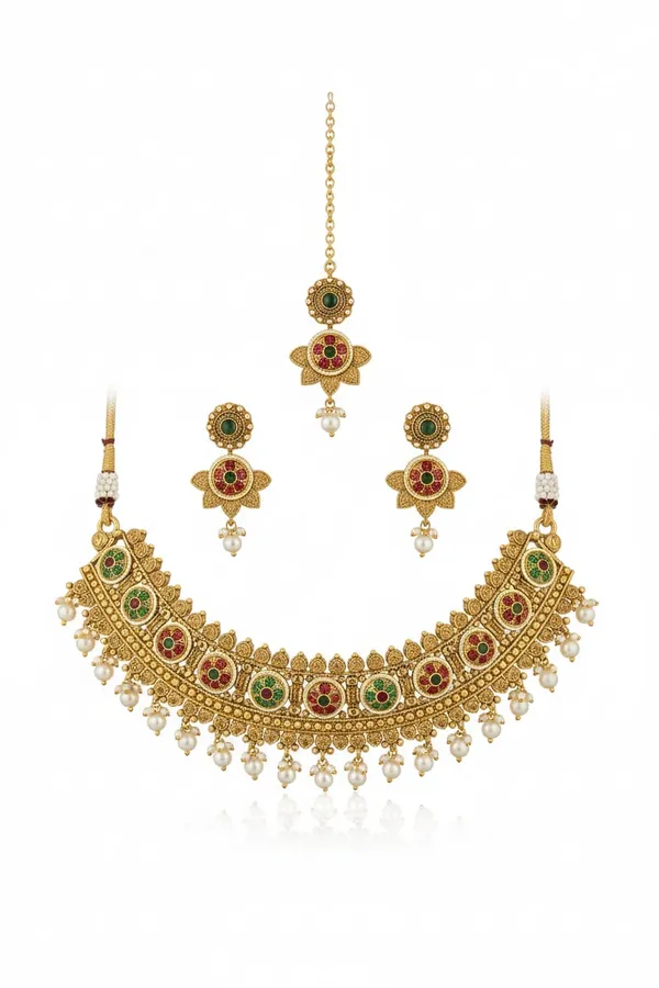 CRUSSTIQUE_GOLD_Traditional_Choker_Necklace_Set_with_Pearl_Drops,_Red_and_Green_Stone_Embellishments,_Antique_Finish_Bridal_Jewellery_Set_with_Matching_Earrings_and_Maang_Tikka_for_Women