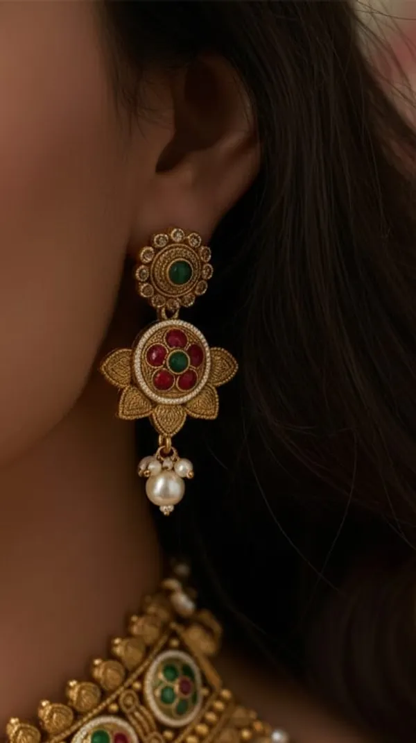 CRUSSTIQUE_GOLD_Traditional_Choker_Necklace_Set_with_Pearl_Drops,_Red_and_Green_Stone_Embellishments,_Antique_Finish_Bridal_Jewellery_Set_with_Matching_Earrings_and_Maang_Tikka_for_Women