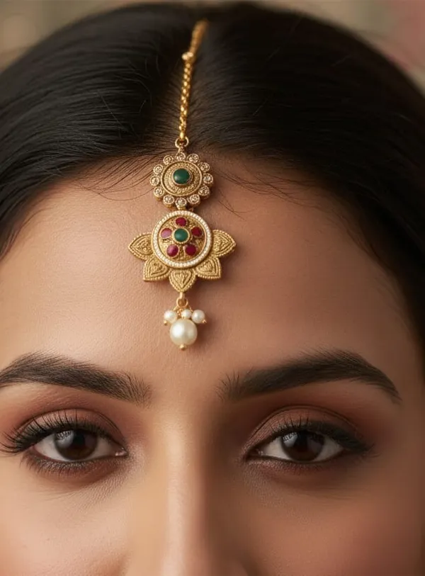 CRUSSTIQUE_GOLD_Traditional_Choker_Necklace_Set_with_Pearl_Drops,_Red_and_Green_Stone_Embellishments,_Antique_Finish_Bridal_Jewellery_Set_with_Matching_Earrings_and_Maang_Tikka_for_Women