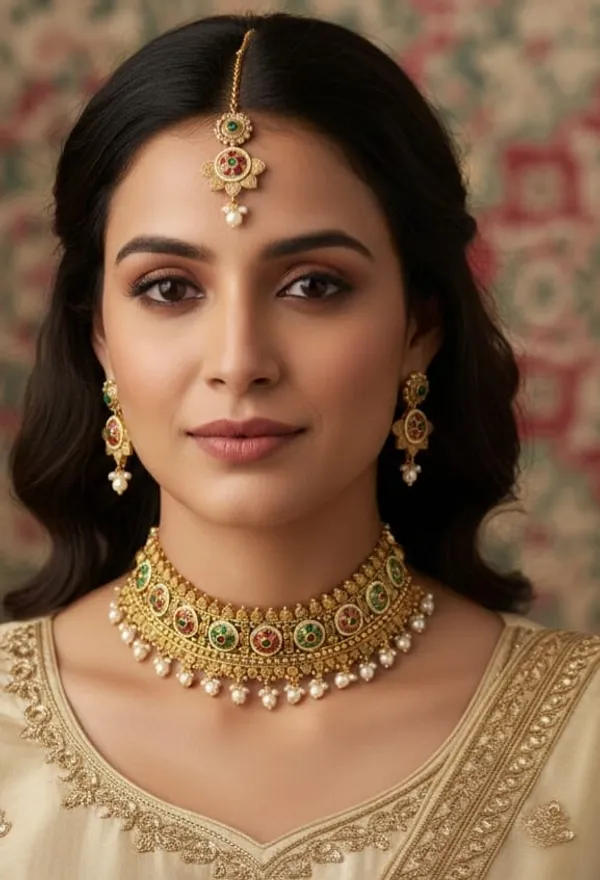 CRUSSTIQUE_GOLD_Traditional_Choker_Necklace_Set_with_Pearl_Drops,_Red_and_Green_Stone_Embellishments,_Antique_Finish_Bridal_Jewellery_Set_with_Matching_Earrings_and_Maang_Tikka_for_Women
