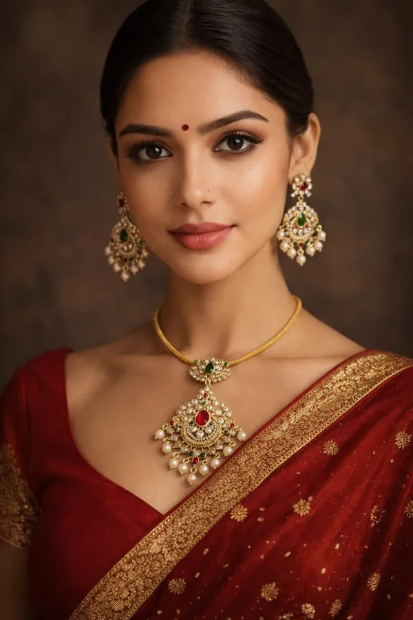 CRUSSTIQUE_GOLD�_Gold-Toned_Necklace_and_Earrings_Set_with_Multicolor_Stones,_Pearl_Embellishments,_Traditional_Indian_Jewelry