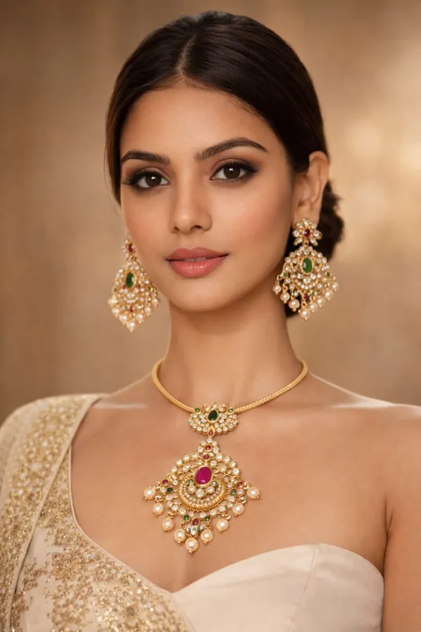 CRUSSTIQUE_GOLD�_Gold-Toned_Necklace_and_Earrings_Set_with_Multicolor_Stones,_Pearl_Embellishments,_Traditional_Indian_Jewelry