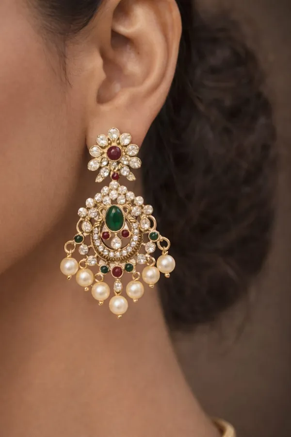 CRUSSTIQUE_GOLD�_Gold-Toned_Necklace_and_Earrings_Set_with_Multicolor_Stones,_Pearl_Embellishments,_Traditional_Indian_Jewelry
