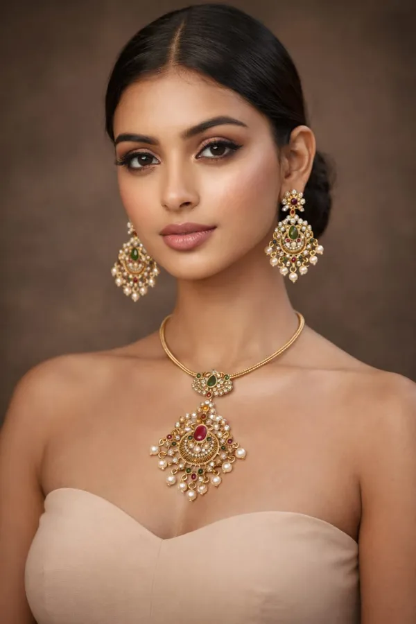 CRUSSTIQUE_GOLD�_Gold-Toned_Necklace_and_Earrings_Set_with_Multicolor_Stones,_Pearl_Embellishments,_Traditional_Indian_Jewelry