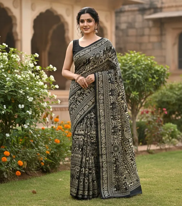 Premium_Black_Modal_Silk_Warli_Print_Saree_with_Elephant_&_Floral_Motifs