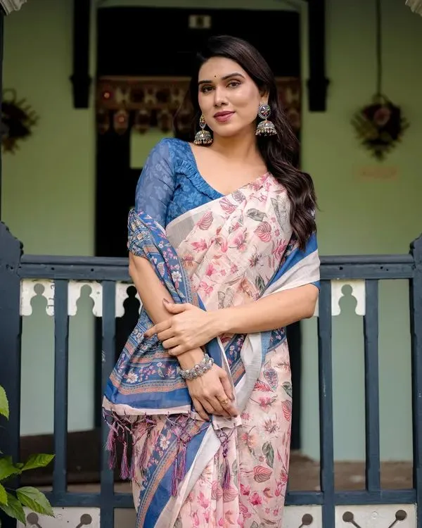 Blue_Pure_Cotton_Linen_Saree_Floral_Border_&_Pink_Leaf_Design_With_Tassels_On_Edges_With_Unstitched_Blouse_For_Women