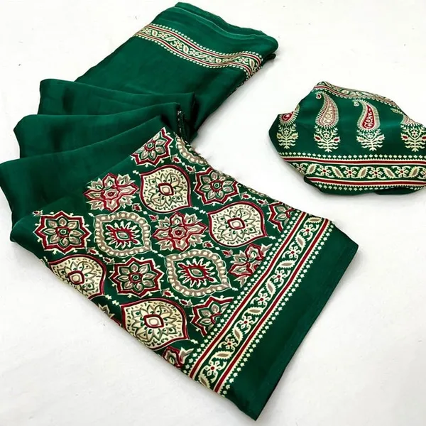 Green_Ajrakh_Printed_Modal_Silk_Plain_Saree_With_Ajrakh_Blouse