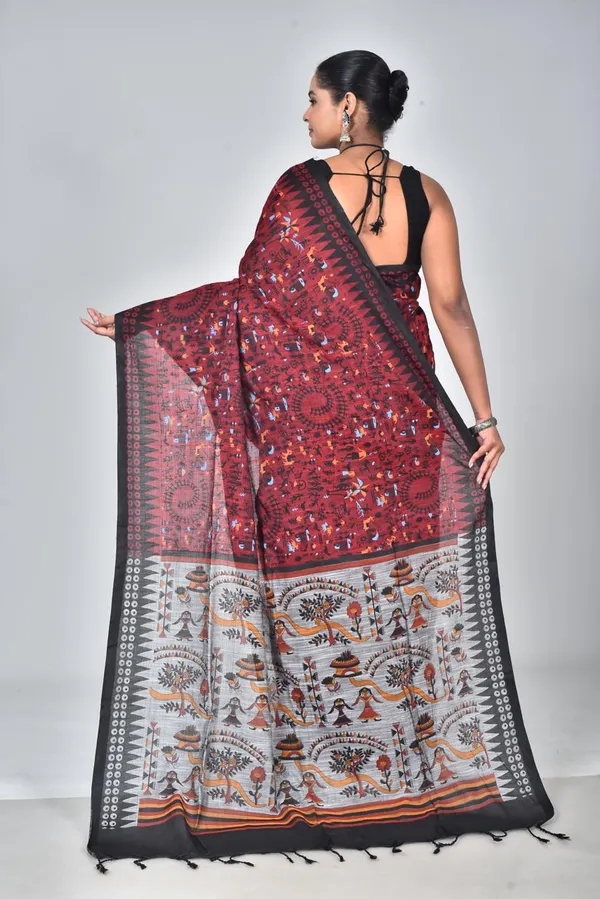 Classic_Red_Linen_Printed_Saree_with_Traditional_Tribal_Pallu