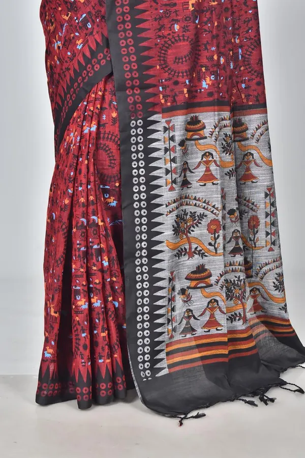 Classic_Red_Linen_Printed_Saree_with_Traditional_Tribal_Pallu