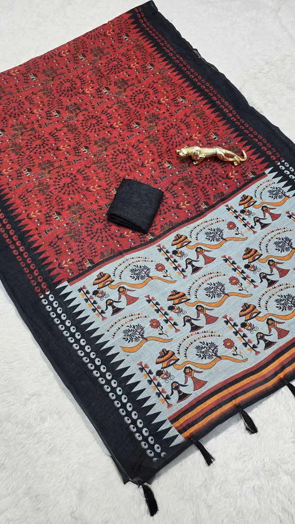 Classic_Red_Linen_Printed_Saree_with_Traditional_Tribal_Pallu