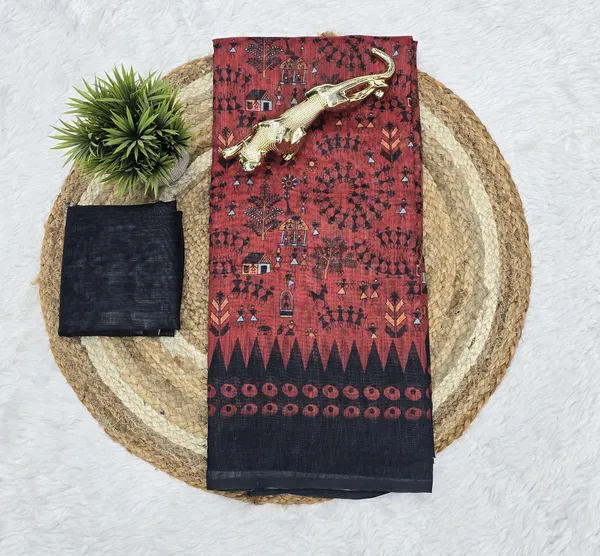 Classic_Red_Linen_Printed_Saree_with_Traditional_Tribal_Pallu