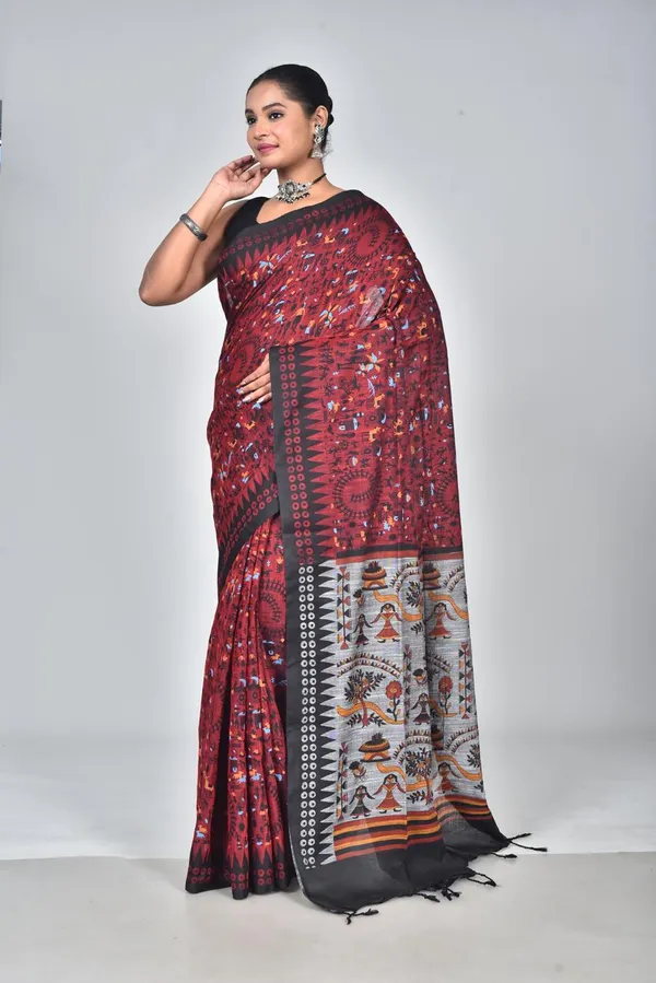 Classic_Red_Linen_Printed_Saree_with_Traditional_Tribal_Pallu