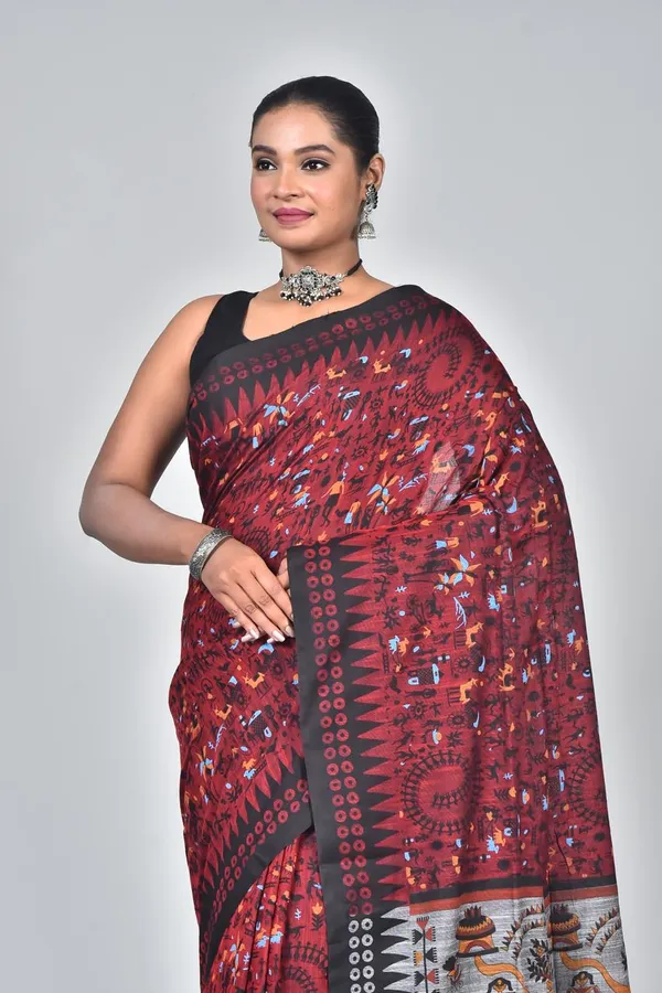 Classic_Red_Linen_Printed_Saree_with_Traditional_Tribal_Pallu