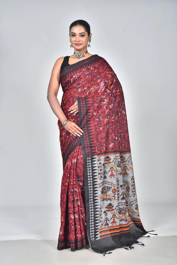 Classic_Red_Linen_Printed_Saree_with_Traditional_Tribal_Pallu