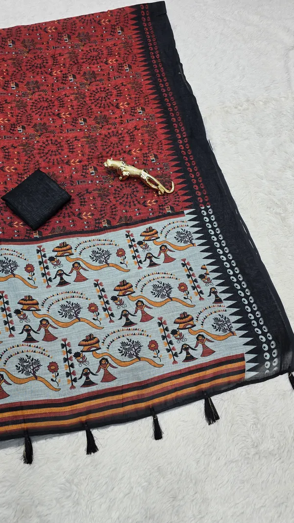 Classic_Red_Linen_Printed_Saree_with_Traditional_Tribal_Pallu