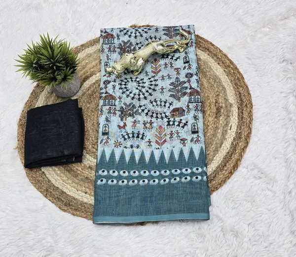 Grey_Linen_Printed_Saree_with_Ethnic_Tribal_Art_Pallu
