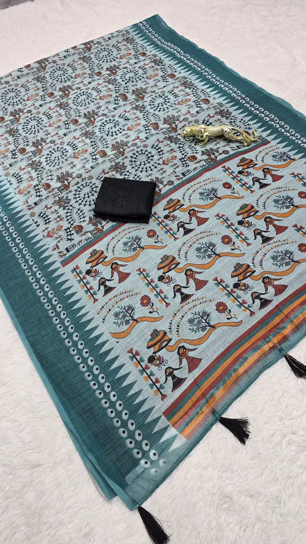 Grey_Linen_Printed_Saree_with_Ethnic_Tribal_Art_Pallu
