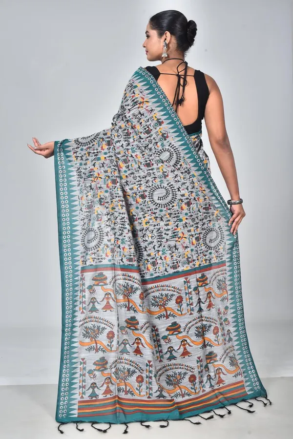 Grey_Linen_Printed_Saree_with_Ethnic_Tribal_Art_Pallu