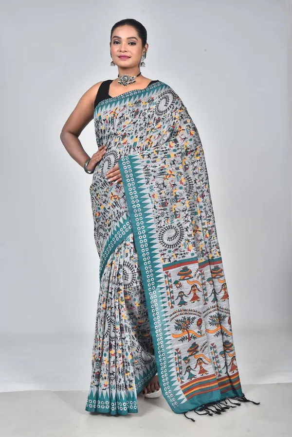 Grey_Linen_Printed_Saree_with_Ethnic_Tribal_Art_Pallu
