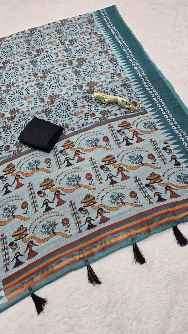 Grey_Linen_Printed_Saree_with_Ethnic_Tribal_Art_Pallu