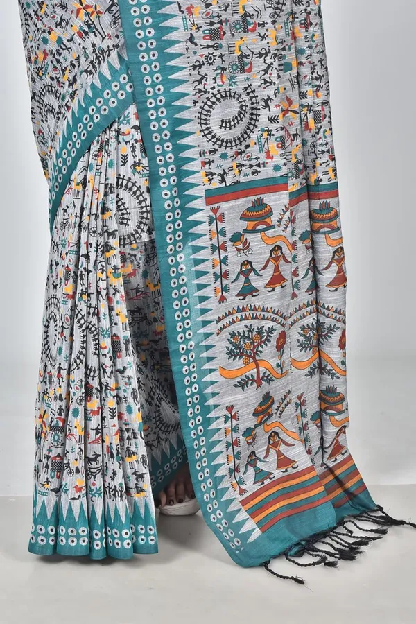 Grey_Linen_Printed_Saree_with_Ethnic_Tribal_Art_Pallu