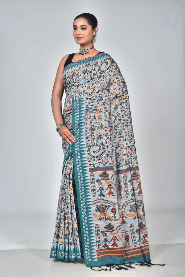Grey_Linen_Printed_Saree_with_Ethnic_Tribal_Art_Pallu