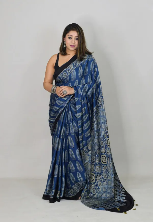 Royal_Navy_Blue_Ajrakh_Modal_Satin_Silk_Saree_with_Traditional_Motif_Border_|_Premium_Soft_Silk_Saree