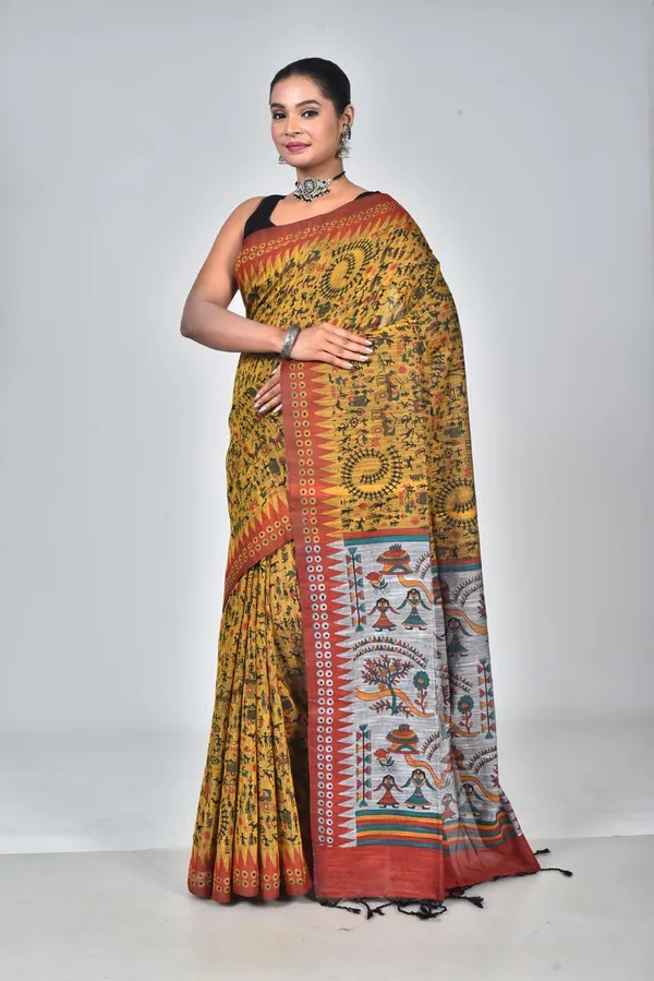 Mustard_Yellow_Linen_Printed_Saree_with_Traditional_Tribal_Pallu
